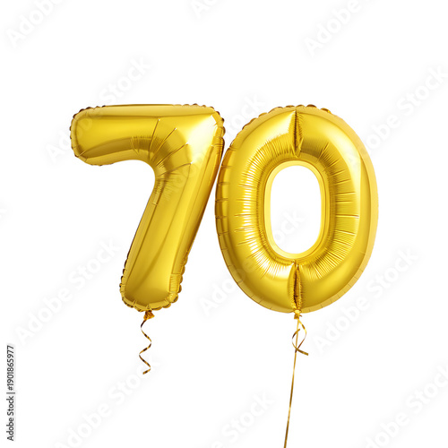 Number 70 Yellow Foil Balloon Isolated on White Background PNG