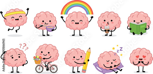Cute brain characters collection funny cartoon mind mascots isolated white background vector set