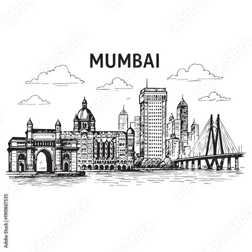 Hand Drawn Mumbai City Skyline Illustration: Gateway of India and Sea Link for Iconic Travel Design on White Background Vector