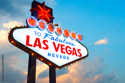 Welcome to Fabulous Las Vegas Sign. Logo Removed. The beautiful sunset sky in the background.