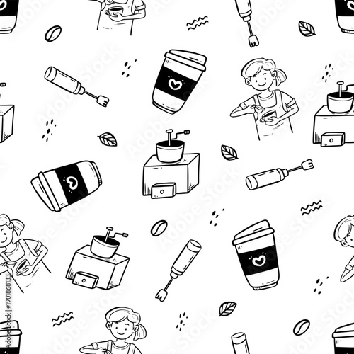 Seamless Pattern Coffee and Barista Doodle Illustration 