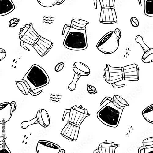 Seamless Pattern Coffee and Barista Doodle Illustration 