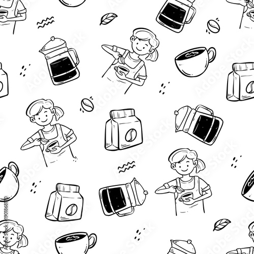 Seamless Pattern Coffee and Barista Doodle Illustration 