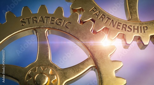 Strategic partnership concept with connected gears, symbolizing business collaboration, alliances, cooperation, shared goals, and long term growth through strong corporate partnerships.