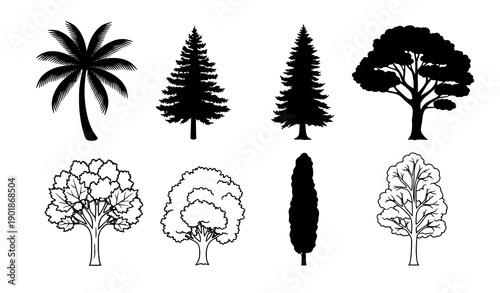Minimal Black Tree Silhouette Icons Vector Set for Landscape Architecture Drawings