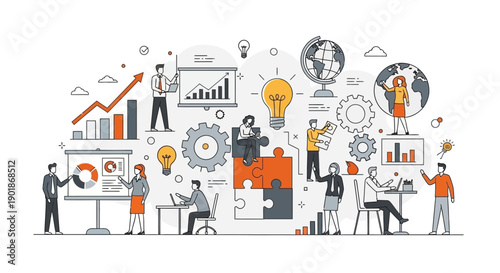 Illustration of a diverse team collaborating on a business project with charts, puzzles, and global elements.