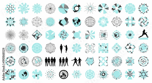 A large collection of diverse abstract geometric and figurative icons, many featuring circular or radial symmetry, in black and teal.