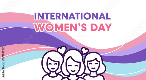 A vibrant graphic design celebrating International Women's Day with three smiling female figures and colorful wavy lines.