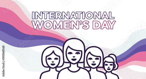 Illustration of International Women's Day with four stylized female figures and wavy background.