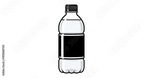 Simple illustration of a clear plastic water bottle with a black cap and label.