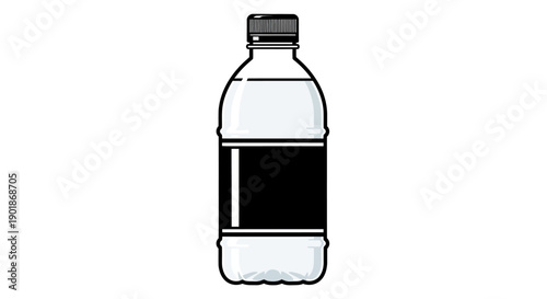 A clear plastic bottle filled with clear liquid and a black label.