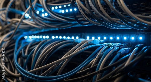 A close-up view of a complex network of glowing blue cables
