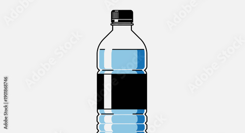 A clear plastic water bottle with a black cap and label, filled with blue liquid, standing upright on a light grey background.