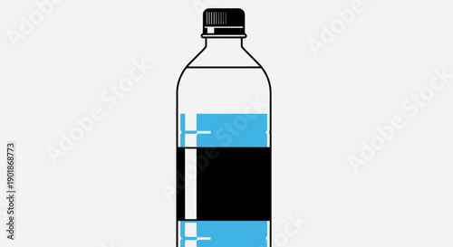 A clear plastic bottle with a black cap, partially filled with blue liquid, and a black label on a white background.