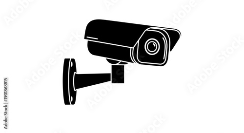 A black and white illustration of a security camera mounted on a wall.