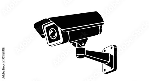 A black and white vector illustration of a wall-mounted security camera, often used for surveillance and monitoring purposes.