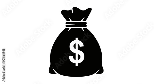Black money bag with dollar sign icon on a white background, representing finance and wealth.