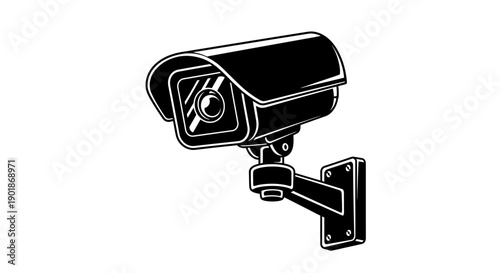 Black and white illustration of a wall-mounted security camera, commonly used for surveillance and monitoring.