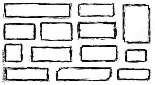A collection of hand-drawn, distressed rectangular and square frames with a rough, sketchy outline, arranged in a scattered pattern, perfect for graphic design elements.
