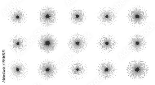 A grid of fifteen abstract black and white radial starburst patterns resembling bullet holes or impact marks on a white background.