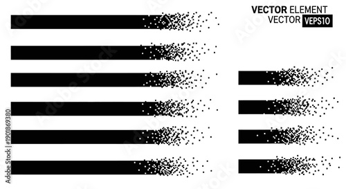Black horizontal bars dissolving into scattered particles, vector graphic elements on white background.