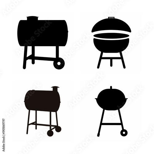 Four types of barbecue grills illustrated in black and white silhouettes