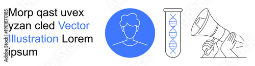 Identity verification, biotechnology, genetics, communication, advocacy, educational design. Blue profile icon, DNA helix in a test tube hand holding a megaphone. Identity verification