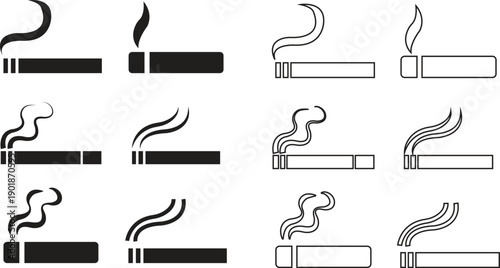 Smoking cigar vector icons set, tobacco silhouette and outline collection, classic smoke symbol group isolated on transparent background for lounge and branding design