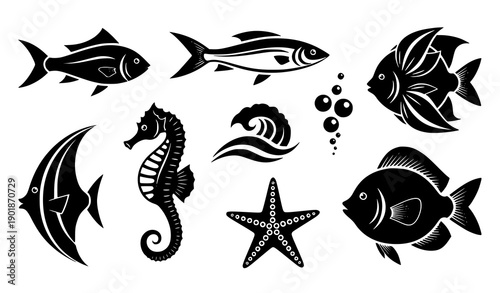 Decorative fish icons and marine life silhouettes vector set