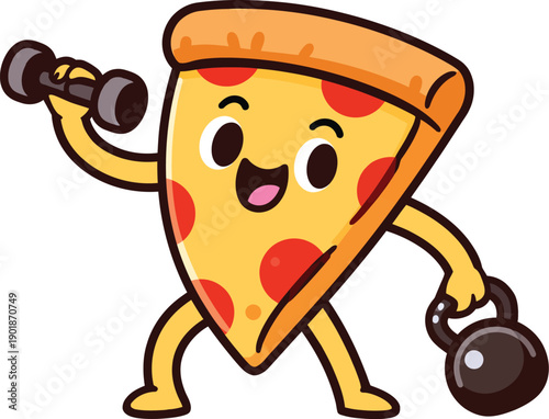 Cute cartoon pizza slice character holding weights for fitness and fun vector illustration