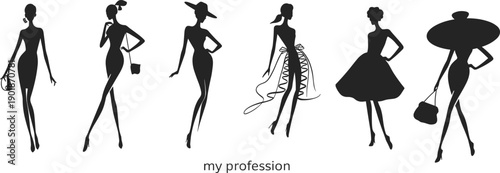 Fashion model silhouettes, stylish outfits, runway poses, clothing design illustration, vector art, accessories icons, creative fashion industry