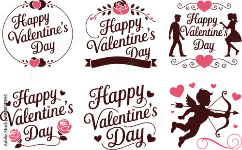 Happy Valentine’s Day text designs, romantic vector illustration, love hearts, roses, couple silhouettes, cupid artwork, celebration, affection, happiness, marriage, romance, greeting card decoration
