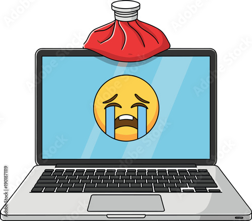 Laptop with crying emoji on screen and ice pack on top representing computer stress, overheating issues, digital frustration and technology problems