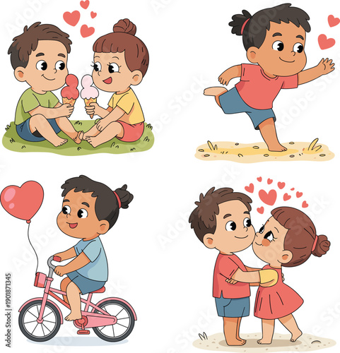Children sharing ice cream, joyful girl running, cute bicycle ride, kids kissing with hearts, love, friendship, happiness, cartoon vector illustration, family bonding, affection