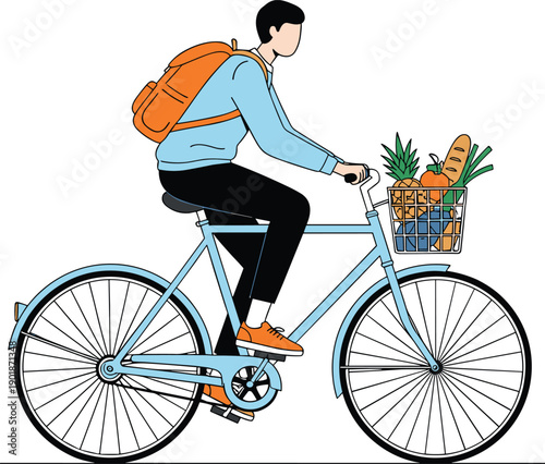 Man riding bicycle with grocery basket full of food showing eco-friendly transportation, healthy lifestyle, sustainability and everyday urban commuting concept