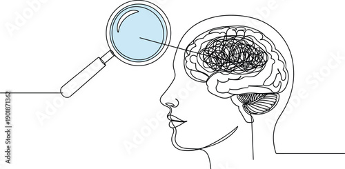 Magnifying glass examining tangled brain lines symbolizing anxiety, overthinking, mental health diagnosis, psychological analysis, emotional stress and cognitive disorder illustration