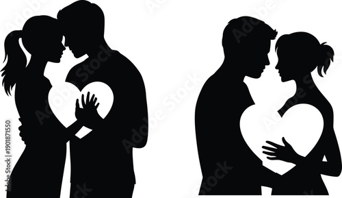 Romantic couple silhouettes, holding heart, intimate embrace, black vector illustration, love, passion, relationship, Valentine’s Day artwork, wedding theme, affection