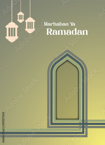 Marhaban ya ramadan Ramadan mubarak greeting card. islamic building design bacgkround