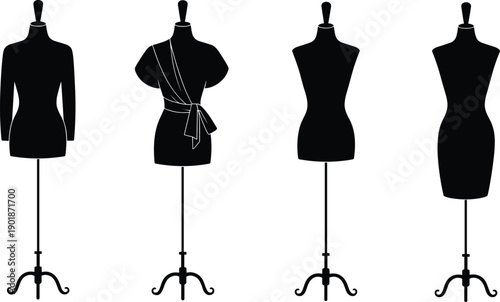 Dress form silhouettes, fashion mannequins, tailoring tools, garment construction illustration, sewing equipment, clothing design, vector art, fashion icons