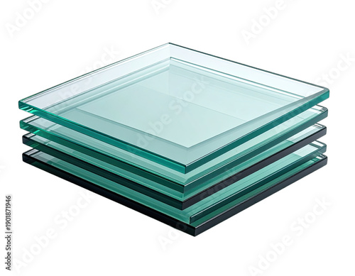 A stack of four transparent, rectangular sheets of glass on a black background.