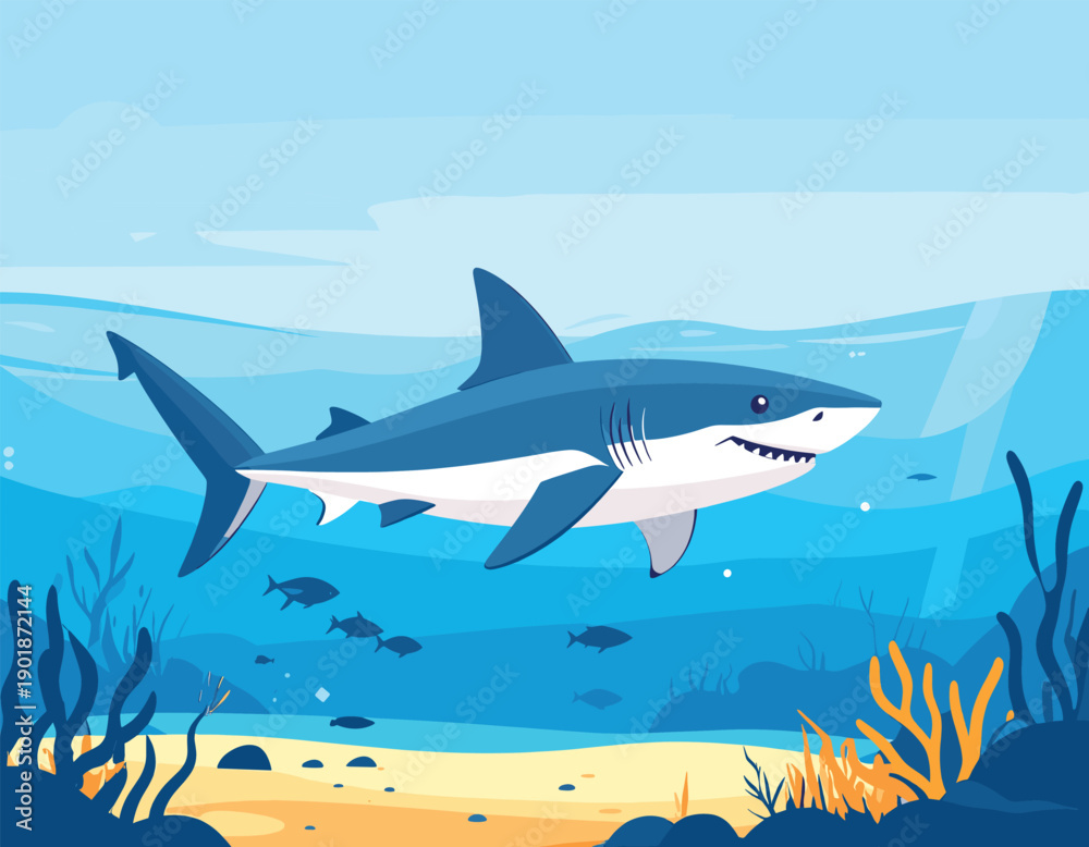 Fototapeta premium Shark Swimming In Deep Ocean. Sea Animals Concept. Vector graphic illustration