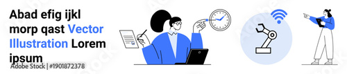 Woman analyzing documents, clock and robotic arm connected via wireless tech, blue accents throughout design. Ideal for technology, innovation, workflow, AI, automation, productivity simple landing