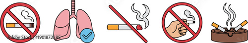 No smoking icons illustrating health warnings, lung protection symbols, anti tobacco signs, cigarette ban graphics promoting healthy lifestyle and smoke free awareness
