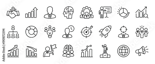 Business and teamwork icon collection representing organization leadership collaboration strategy planning success and market analysis with professional and modern graphic elements