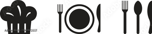 Chef hat and cutlery icons collection restaurant food service symbols cooking professional equipment plate fork spoon knife signs culinary kitchen utensils elements for cafe menu branding design
