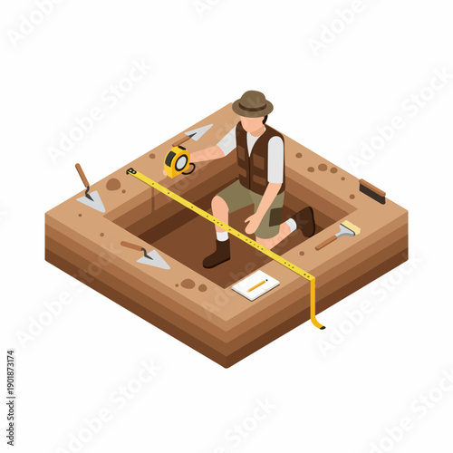 Isometric Detailed Excavation Site with Archaeologist at Work and Measuring