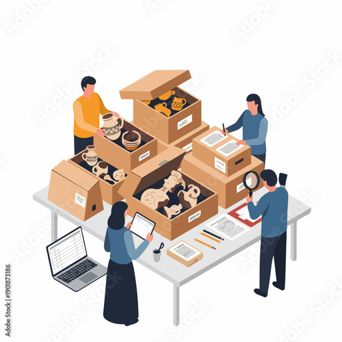 Isometric Detailed People Packing Stuff into Cardboard Boxes Illustration
