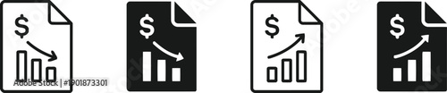 Document with financial chart showing decreasing trend, business analytics icons for negative growth, economic recession, stock market loss and investment decline