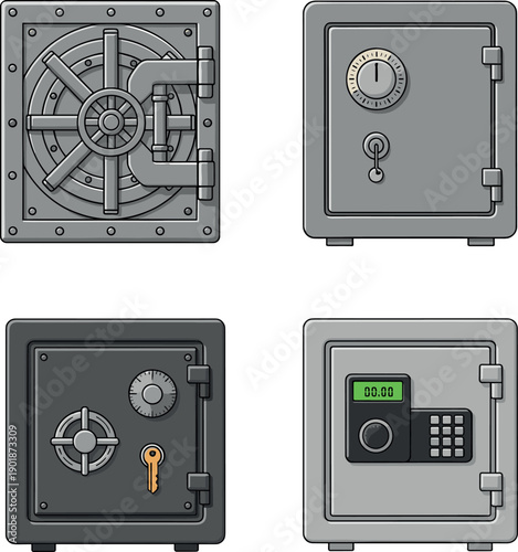 Professional bank safe and secure vault collection featuring mechanical dial locks, digital keypads, and heavy steel door designs for financial security concepts