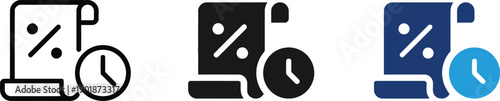 Document with percentage sign and clock icon, business symbols for interest rates, time management, deadlines, financial planning, loan terms and accounting tasks